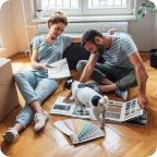 Roommates sit on apartment floor and look at paint swatch book while a dog plays nearby. 